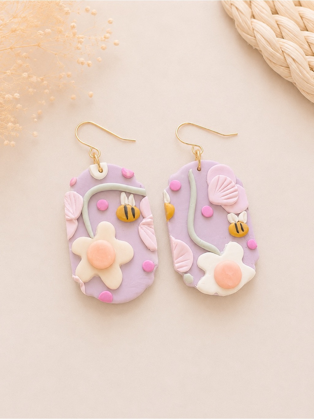 Handcrafted Lavender Floral Bee Dangle Earrings with Pink Accents